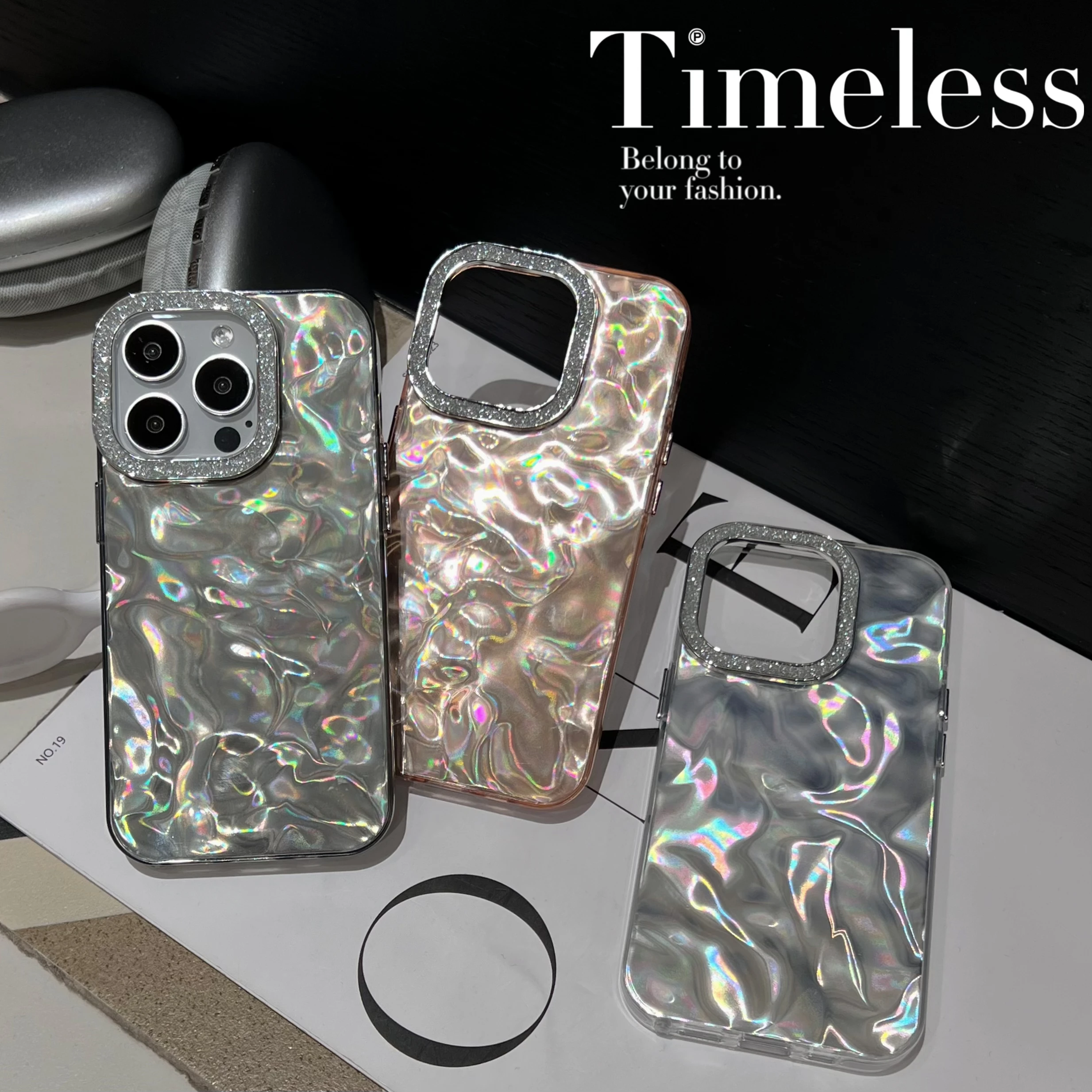 Luxury Bling Glitter Diamond Camera Protection Phone Case For iPhone 11 12 13 14 15 Shiny Wave Ripple Pattern Hard Cover