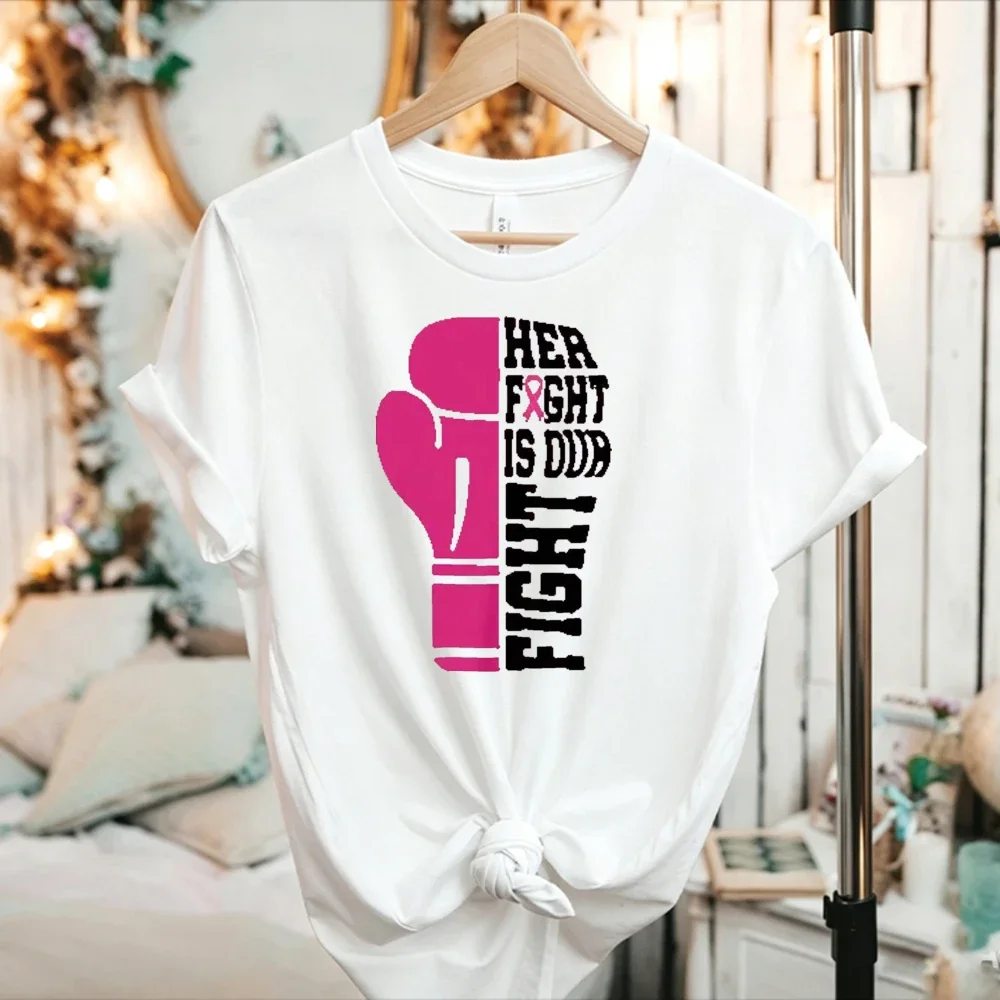 Her Fight Is Our Fight Boxing Glove Tee Pink Ribbon Breast Cancer Awareness T-Shirt Men Women Unisex Short Sleeve Graphic Tee