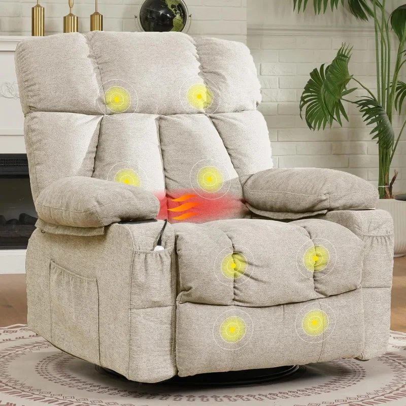 Rocker Recliner Chair for Adults W/Massage & Heat, 360° Swivel Recliner Chair W/Cup Holders, USB Port