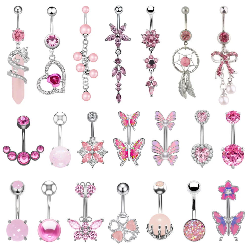 Pink Color Crystals CZs Belly Button Ring Heart Butterfly Flower Tassel Dangled Belly Piercing Nombril Body Navel Rings 14G Gift