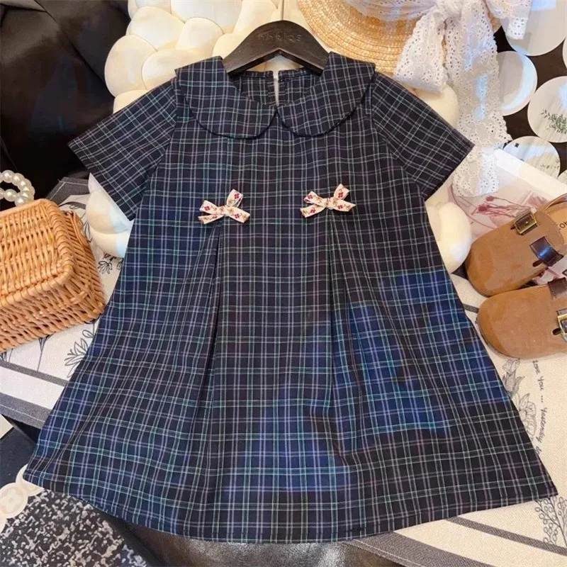 

TOY-2025Summer New Retro Girls' Plaid Dress Turn-down Collar Doll Dress Baby Girl Stylish Princess Dress