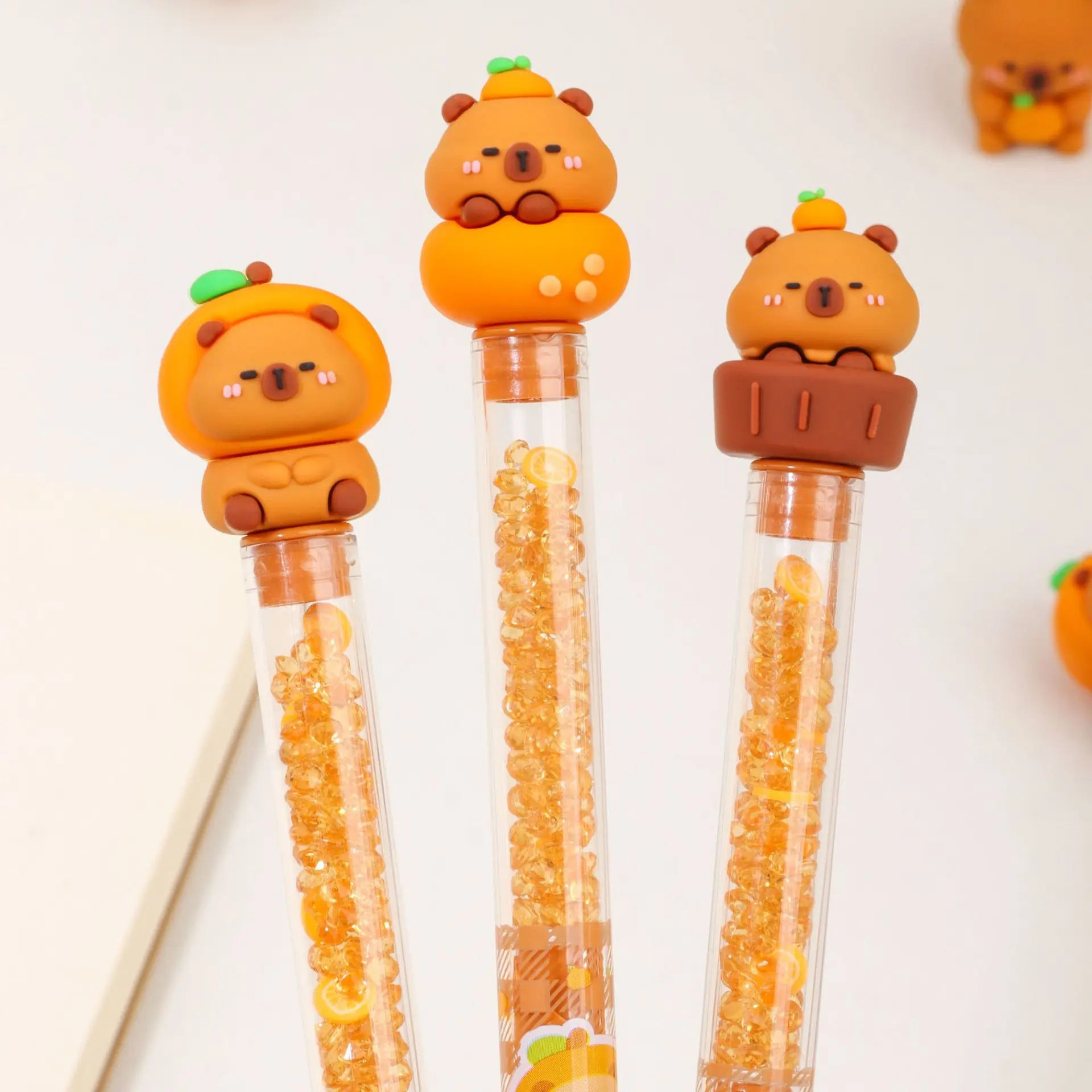 3Pcs/Set Capybara Diamond Rotating Ballpoint Pen Quicksand Rotary gel pen Cartoon Crystal Gem Ballpoint Student Prize gift Cute