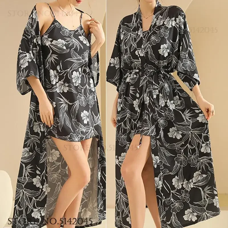 

New Female Sleepwear Long Robe Nightgown Set Print Flower Bathrobe Kimono Gown Home Dress Sexy Silk Satin Nightdress Loungewear