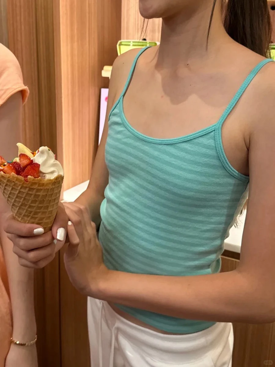 Mint Green Striped Slim Camisole Women Summer Casual Simple Cotton Sleeveless Crop Vests Sweet Cute Preppy Style Tank Tops Y2K
