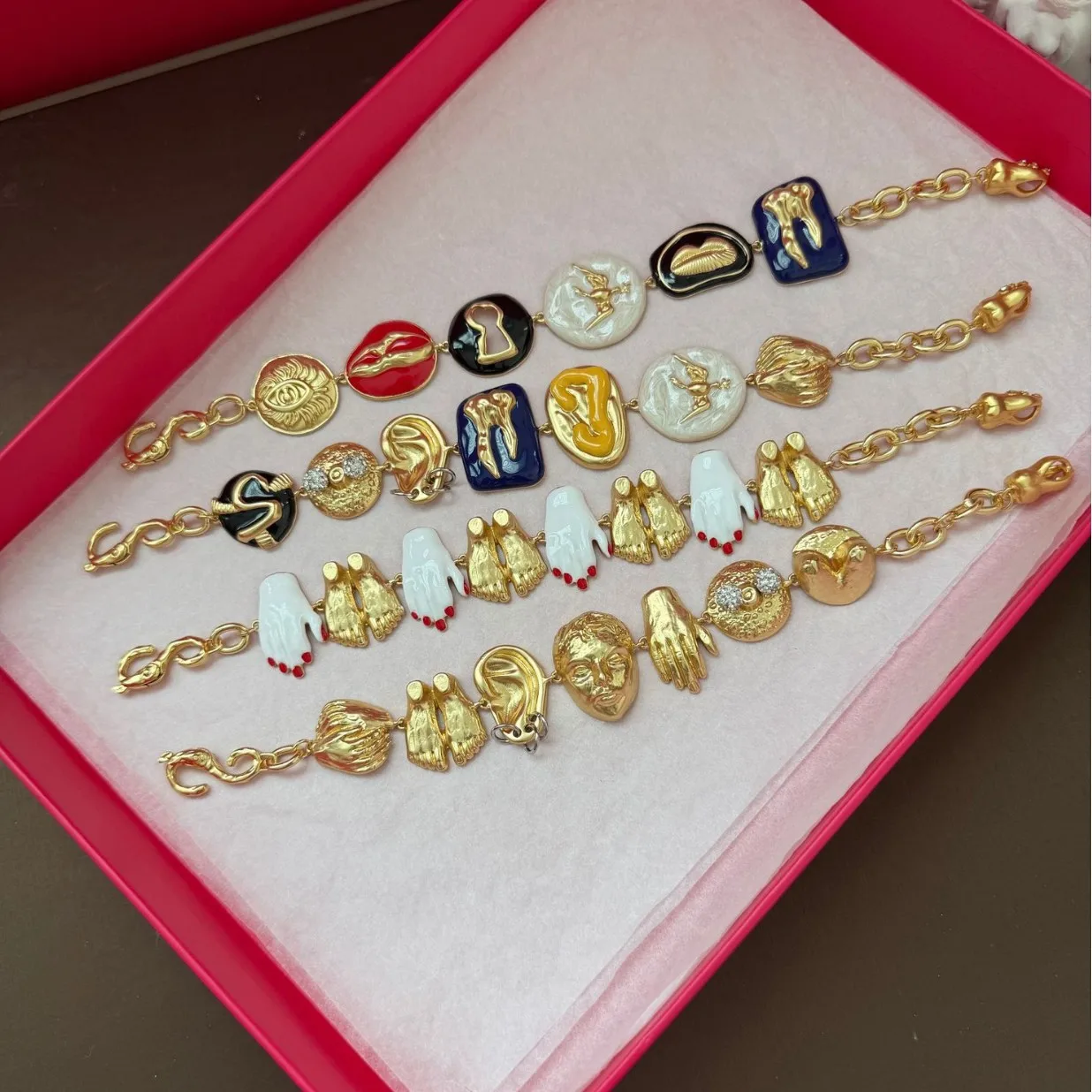 Vintage Enamel Facial Features Brass Bracelet, Dopamine Colorful Chunky Buttons Jewelry for Women