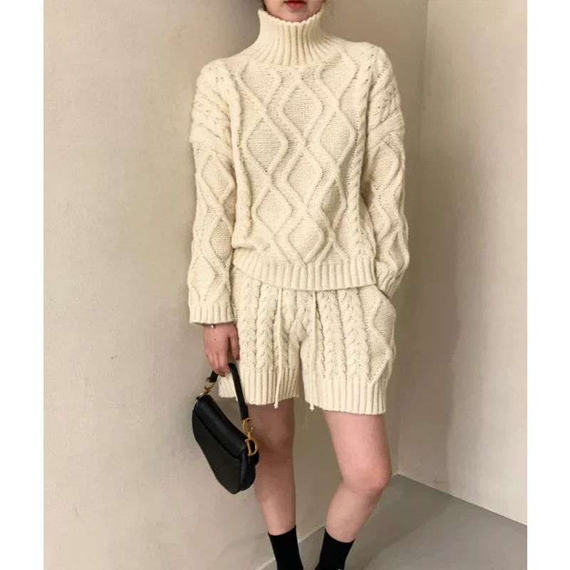 REALEFT Autumn Winter 2 Pieces Women\'s Sweater Outfits Long Sleeve Turtleneck Sweater and Knit Shorts Pants Female Suits