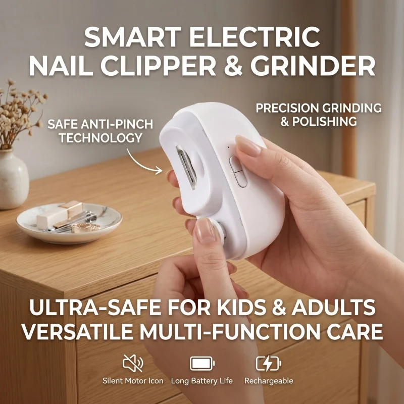 USB Rechargeable Nail Trimmer Polisher Automatic Electric Nail File Cutter 2 in 1 Anti-Pinch Nail Clipper for Children & Adults