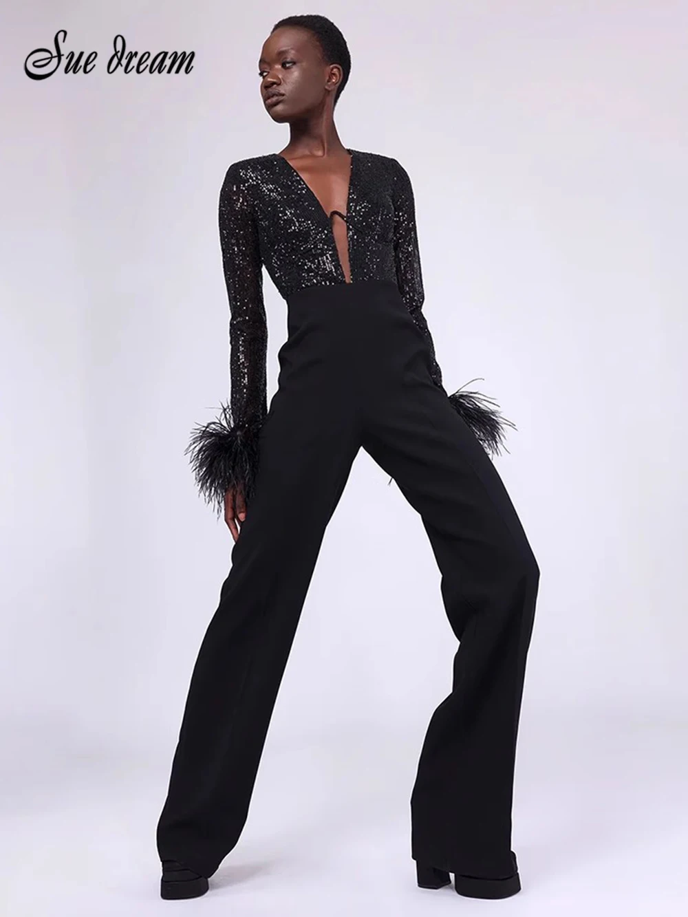 

2024 Summer New Women'S Sexy Long Sleeves Feather V Neck Black Sequin Jumpsuit Bodycon Party High Street Wear