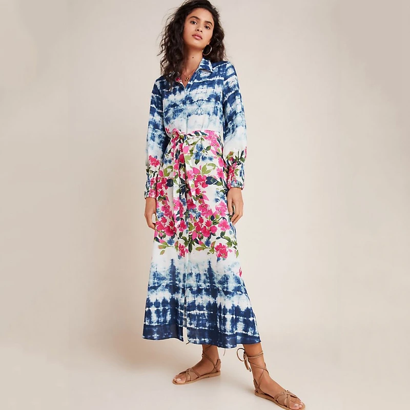 T-Shirt Kleid Frauen Sommer Floral Maxi Gürtel Lange Kleider Boho Oversize Drehen Unten Kragen Blume Drucken Tropical Kaftan Abdeckung Ups