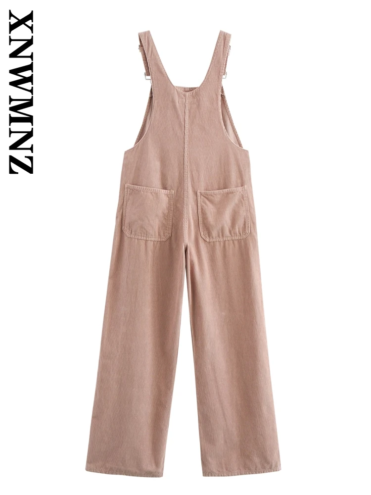 XNWMNZ 2024 Autumn Female Vintage Side Button Corduroy Overalls High Waist Classic Lady Solid Color Ruffles Loose Fit Pockets