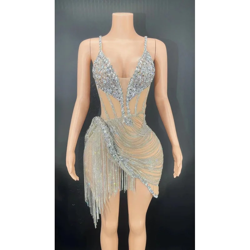 New Mesh Silver Rhinestones Mini Dress Crystals Fringes Outfit Birthday Celebrate Sexy Stage Costume Performance Women Dancer JS