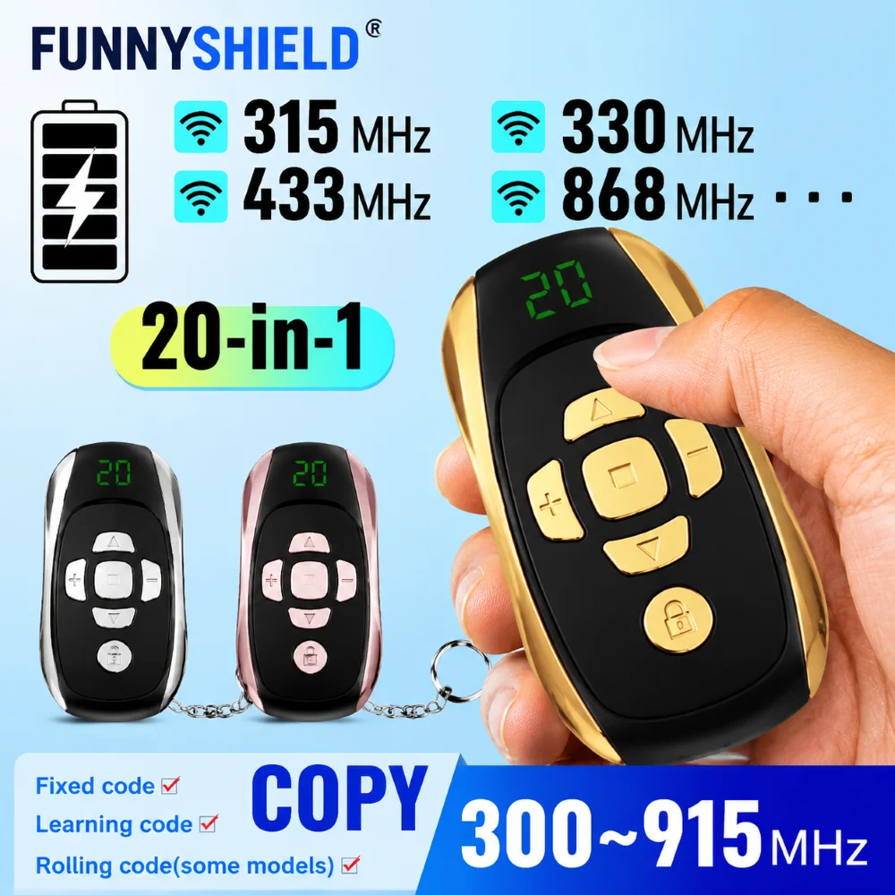FUNNYSHIELD 20 in 1 Garage Door Remote Controller Rechargeable 433Mhz Gate Key Duplicator Multi-frequency Door Opener 300-915MHz