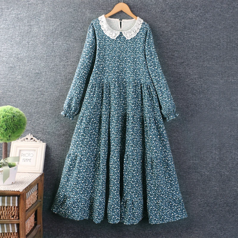 Autumn New Sweet Hook Flower lapel Floral Print Dress Women Long Sleeve Loose Midi Dress Z2393