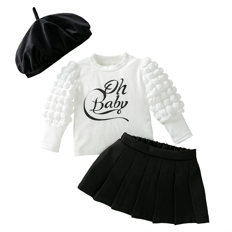 3Piece Spring Autumn Baby Girl Set Clothes Korean Fashion Letter Cute Puff Sleeve Tops+Skirt+Hat Toddler Boutique Outfits BC304