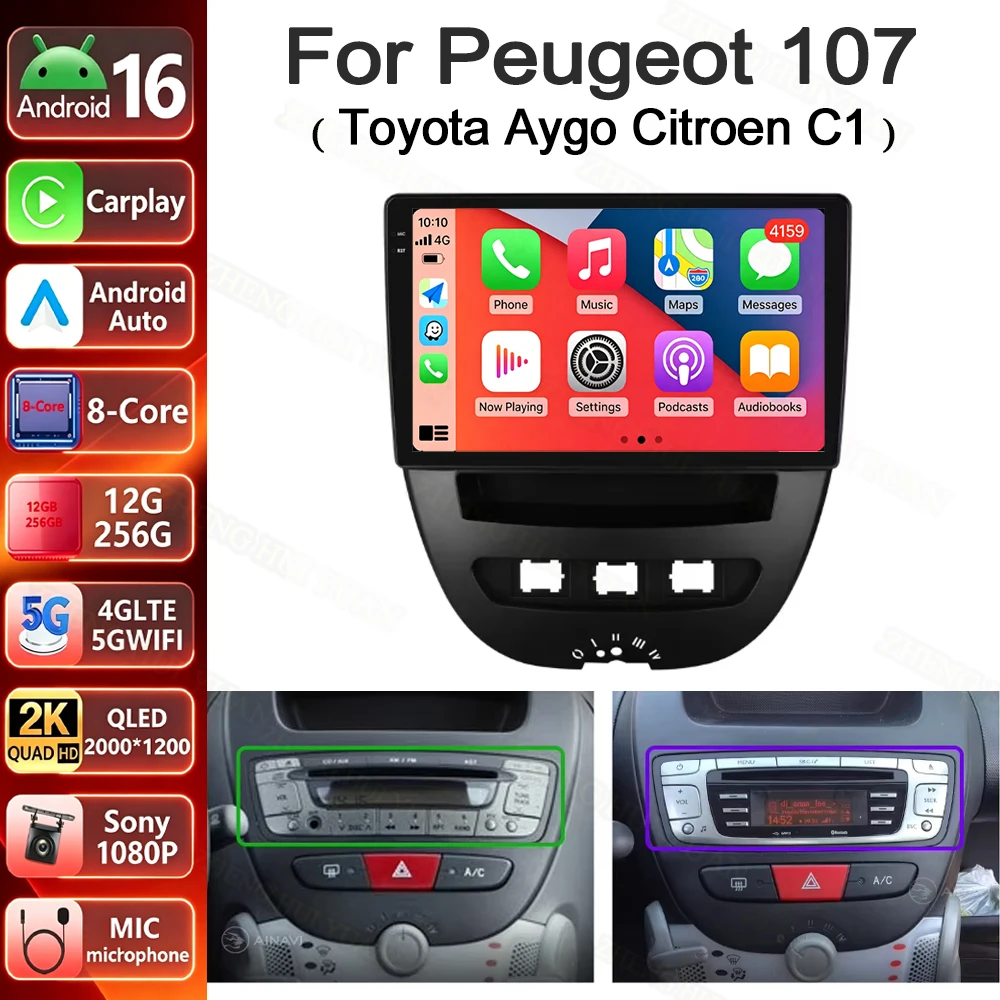 For Peugeot 107 Toyota Aygo Citroen C1 2005-2014 Android 16 Car Radio Multimedia Player Android Auto Carplay Head Unit Navigatio