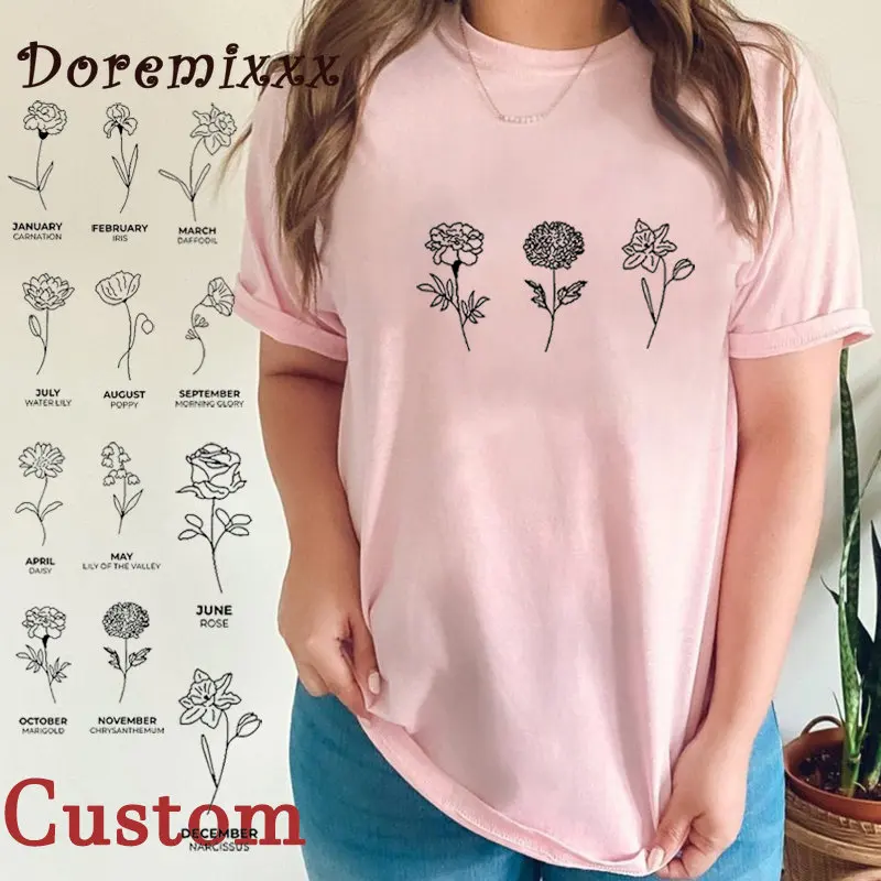 Custom Birth Month Flowers Women T Shirt Mother's Day Feminist Female Vintage Boho Tshirts Woman Cotton Tops Kawaii Clothes