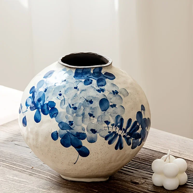 Hand Painted Blue White Ceramic Vase Vintage Floral Home Office Garden Decoration Flower Vases Dry and Wet Flower Pot Plant Pot