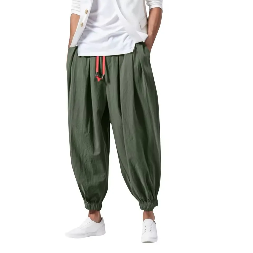 جديد كبير الحجم الرجال فضفاض سراويلي حريمي الخريف الكتان الصيني زيادة الوزن Sweatpants عالية الجودة ماركة غير رسمية بنطلون الذكور