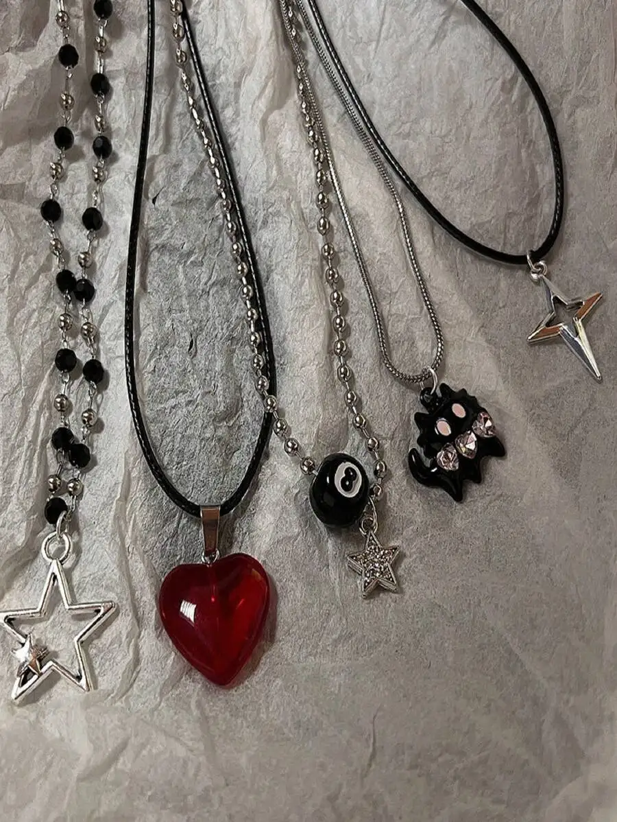 5pcs Set Vintage Fashion Leather Rope Star Heart 8 Ball Pendant Necklace Unisex Y2K Aesthetic Jewelry