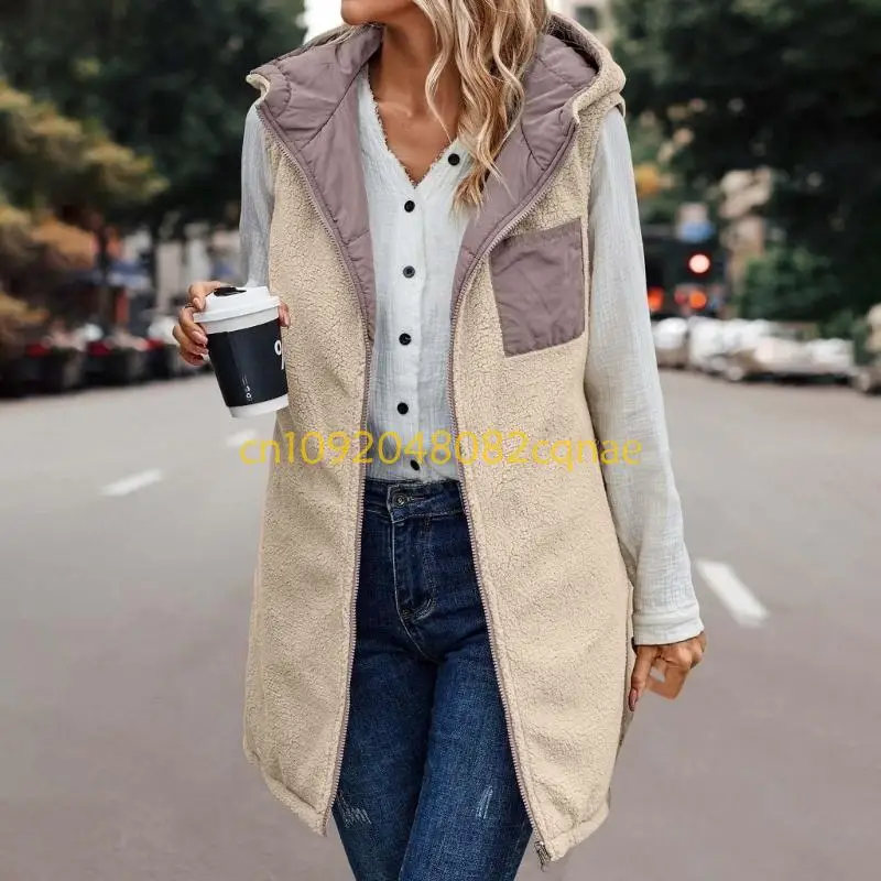 Women's Reversible Fleece Vest Sleeveless Hooded Zip Up Puffer Coat with Pockets