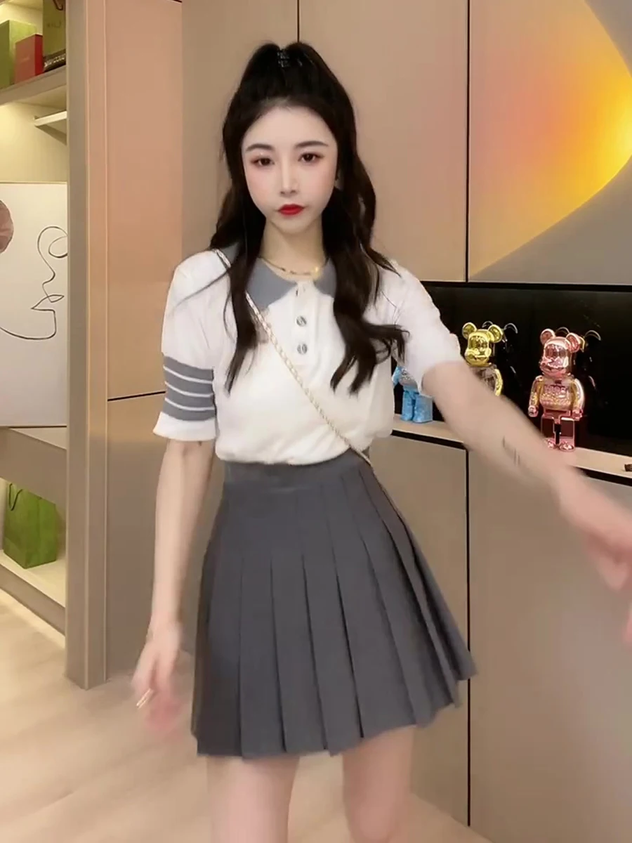 Summer Faion Anti-Aging Pleated Skirt Set College Sle Small Size Women's Clothing Sweet And Sal Two-Piece Skirt Set