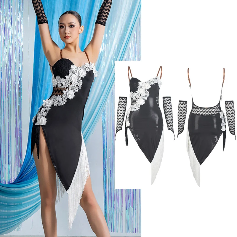 

2026 Latin Dance Dress Women Flower Lace Black Dress Sexy Slit Rumba Tango Dance Competition Performance Dress Dancewear NV27132