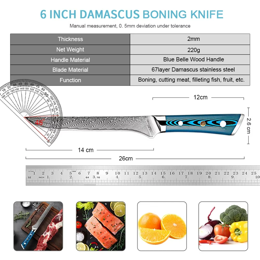 Kitchen Boning Knife 67 Layers Damascus Stainless Steel Filleting Fish Fruit Cutting Meat Sharpness Blade Deboning Kitchen Knife