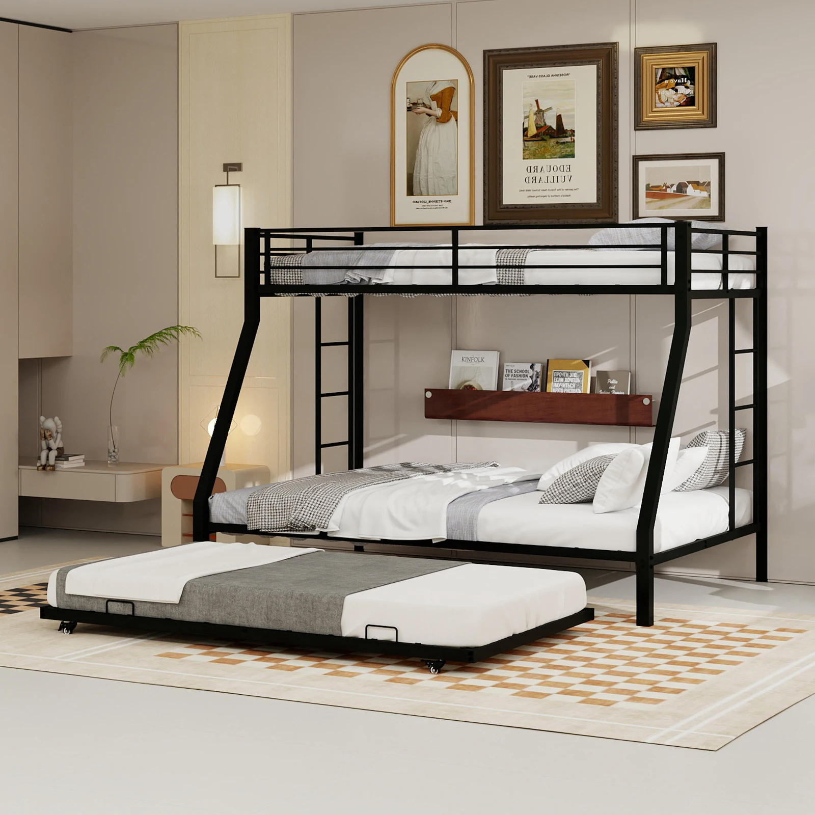 Heavy Duty Metal Twin XL Over Queen Bunk Bed with Trundle, Space Saving Triple Bunkbed Frame with Guardrails & Ladder, 400 LBS Capacity, Black