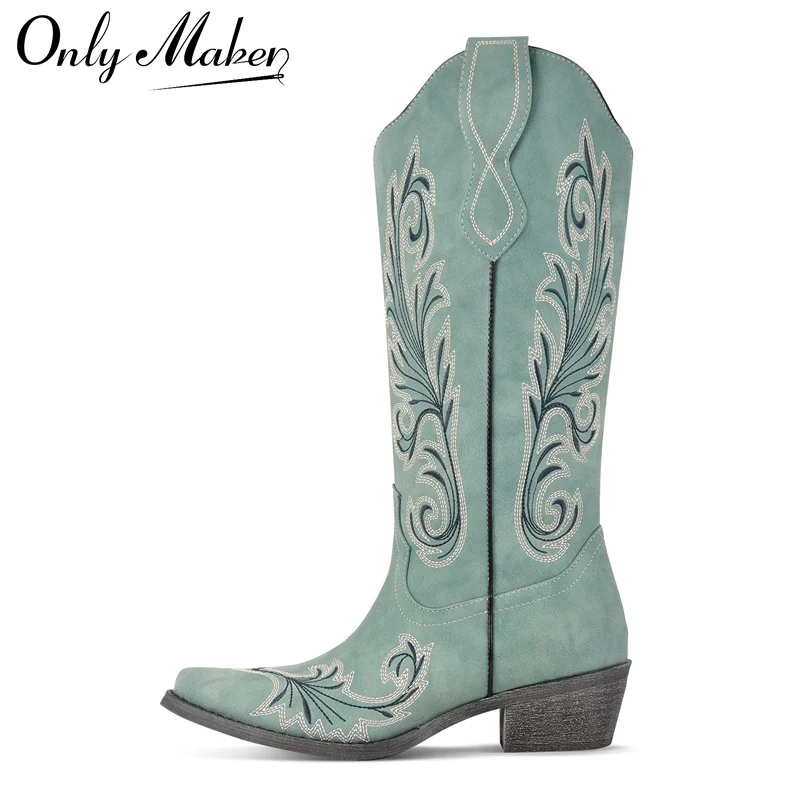 

Onlymaker Women Embroidered Pull-on Cowboy Western Boots Mid Calf Block Heels Cowgirl Boots