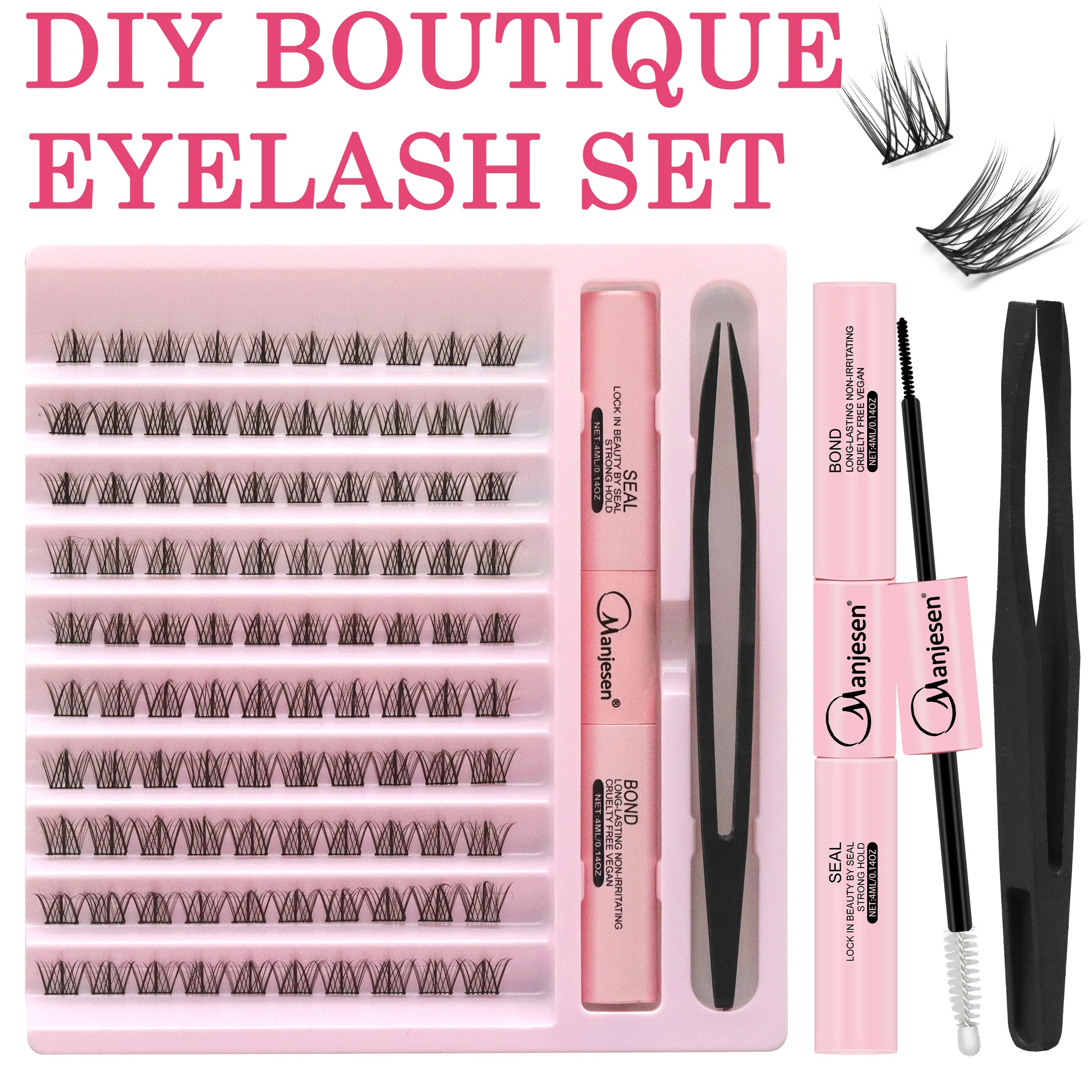 Zestaw do samodzielnego przedłużania rzęs, 200 kępek sztucznych rzęs, mieszanka kępek rzęs z klejem do rzęs, aplikatorem i narzędziem do makijażu.