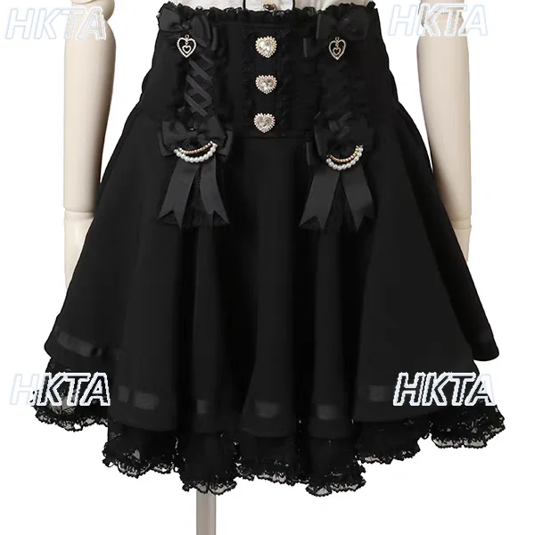 

2025 Autumn New Japanese Style Sweet Cute Lace Trim Bow Black Short Skirt for Women Sweet Cute Fairy Lolita Girl Liz Skirt