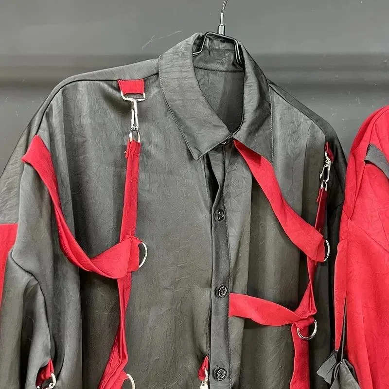2025 New Trendy Men Shirt Ribbon Contrast Color Patchwork Design Loose Casual Long Sleeve Single-breasted Tops DNHY7