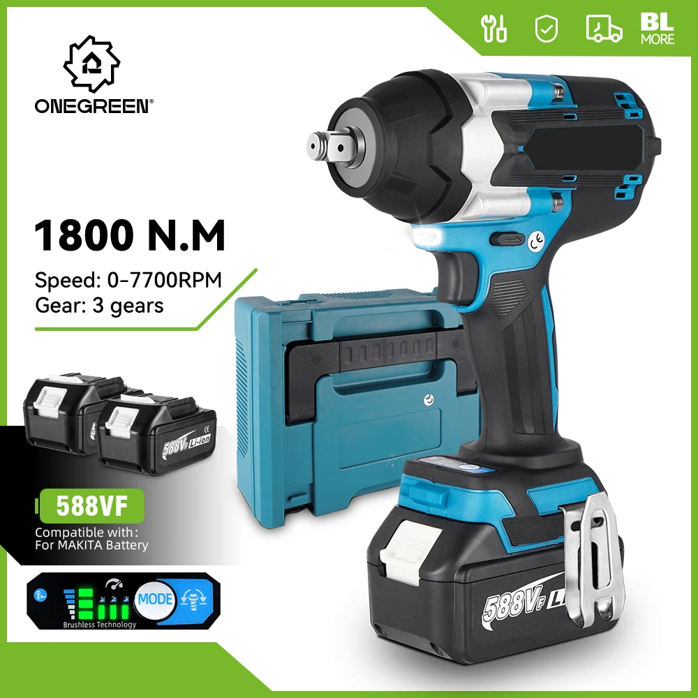 1800N.M Torque Brushless Electric Impact Wrench Cordless Wrench 1/2 inch Lithium-Ion Battery Power Tools For Makita 18V Battery