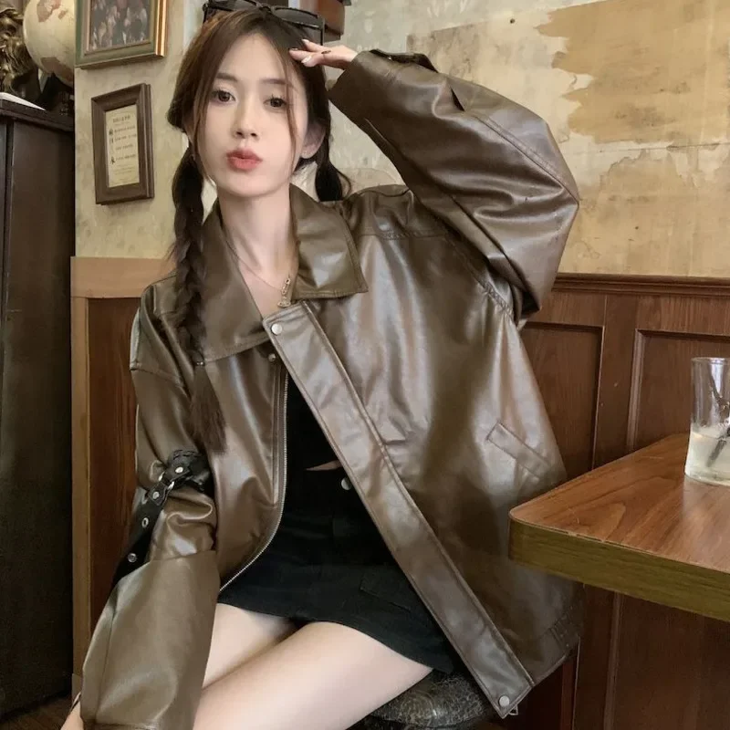 Vintage Maillard brown leather jacket for women fall and winter PU leather bomber jacket streetwear women versatile outerwear