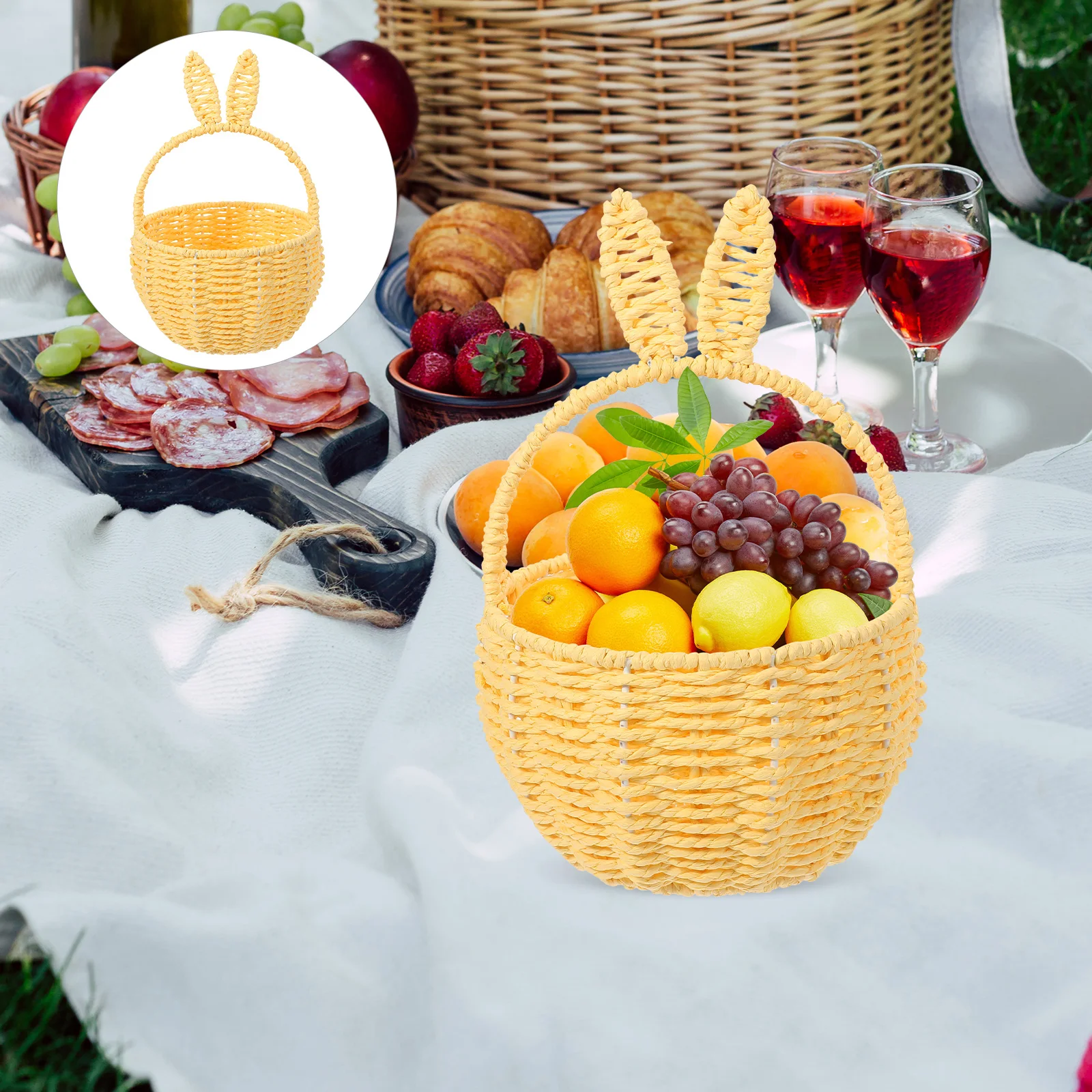 

Rabbit Ears Flower Basket Yellow Handheld Woven Storage Basket for Picnic Fruit Organization Lightweight Portable Safe Materials
