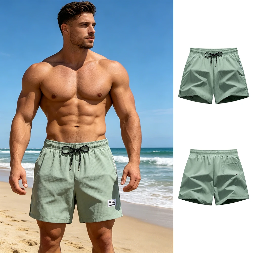 Men's Summer Solid Color Quick Dry Sports Shorts Drawstring Loose Breathable Beach Shorts Mesh Lining And Cell Phone Pocket