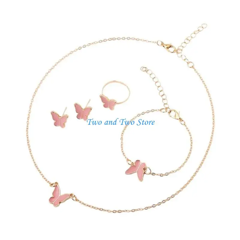 HX6F Butterfly Charm Jewelry Set Including Necklace Bracelet and Ring with Earrings