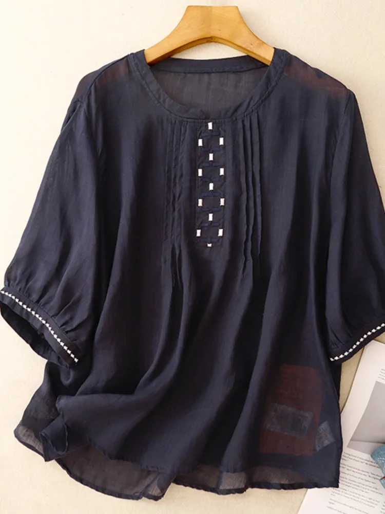 Retro algodón Lino plisado redondo Ne irt mujeres verano alta gama Simple bordado Top Lino ort Sve mamá pequeño irt
