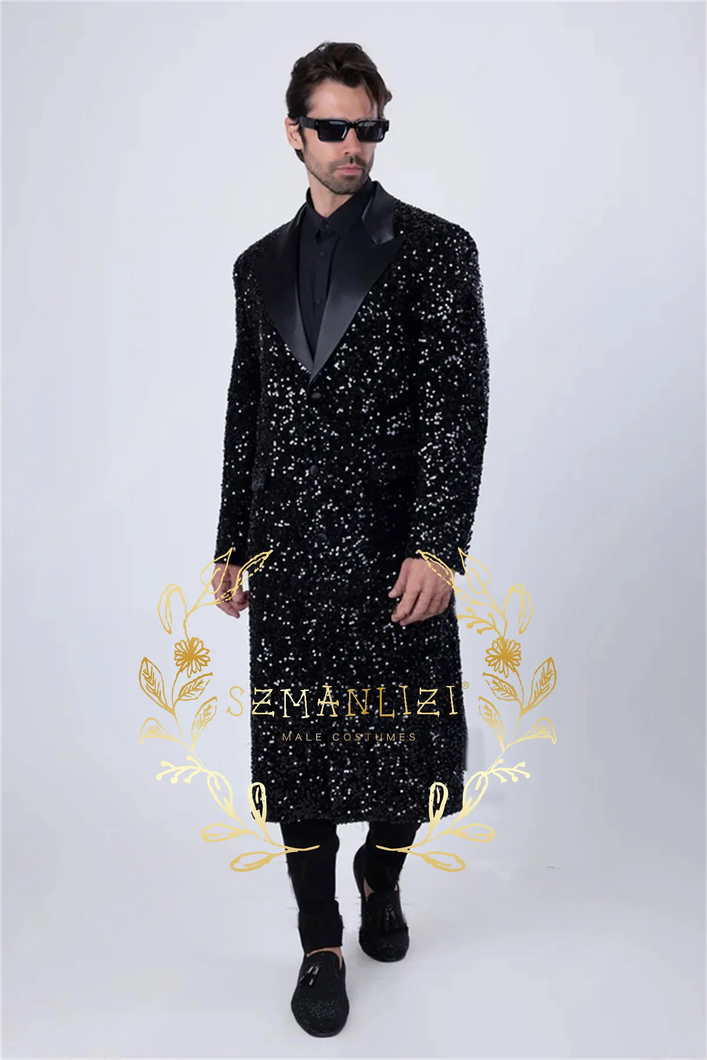 Formal Men Wedding Suits Black Sequins Slim Fit Peaked Lapel Long Blazer Pant Party Prom Suits Best Man Business Wear Suit