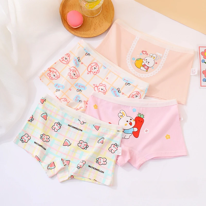 4PCS Kid Cotton Comfort Panty Panties Girl Cool Breathable Briefs Thin Cute Print Undies 3+y Young Child Antibacterial Underwear