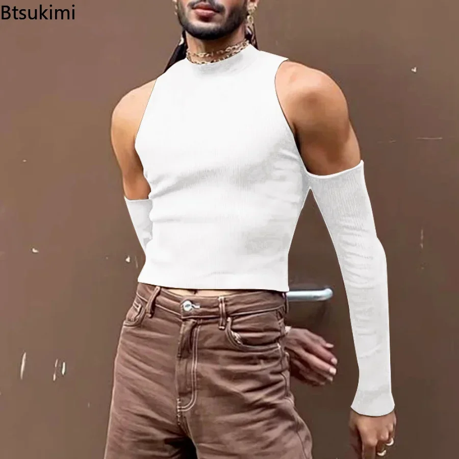 2024 Men's Fashion T Shirt Solid Turtleneck Long Sleeve Off Shoulder Casual Camisetas Hollow Out Streetwear Sexy Crop Tops Male