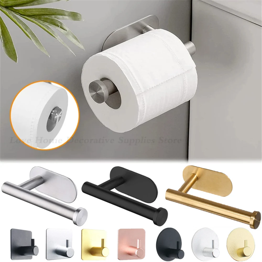 Self Adhesive Toilet Paper Holder Wall Mount No Punching Stainless Steel Tissue Towel Roll Dispenser Bathroom Kitchen Wall Hooks