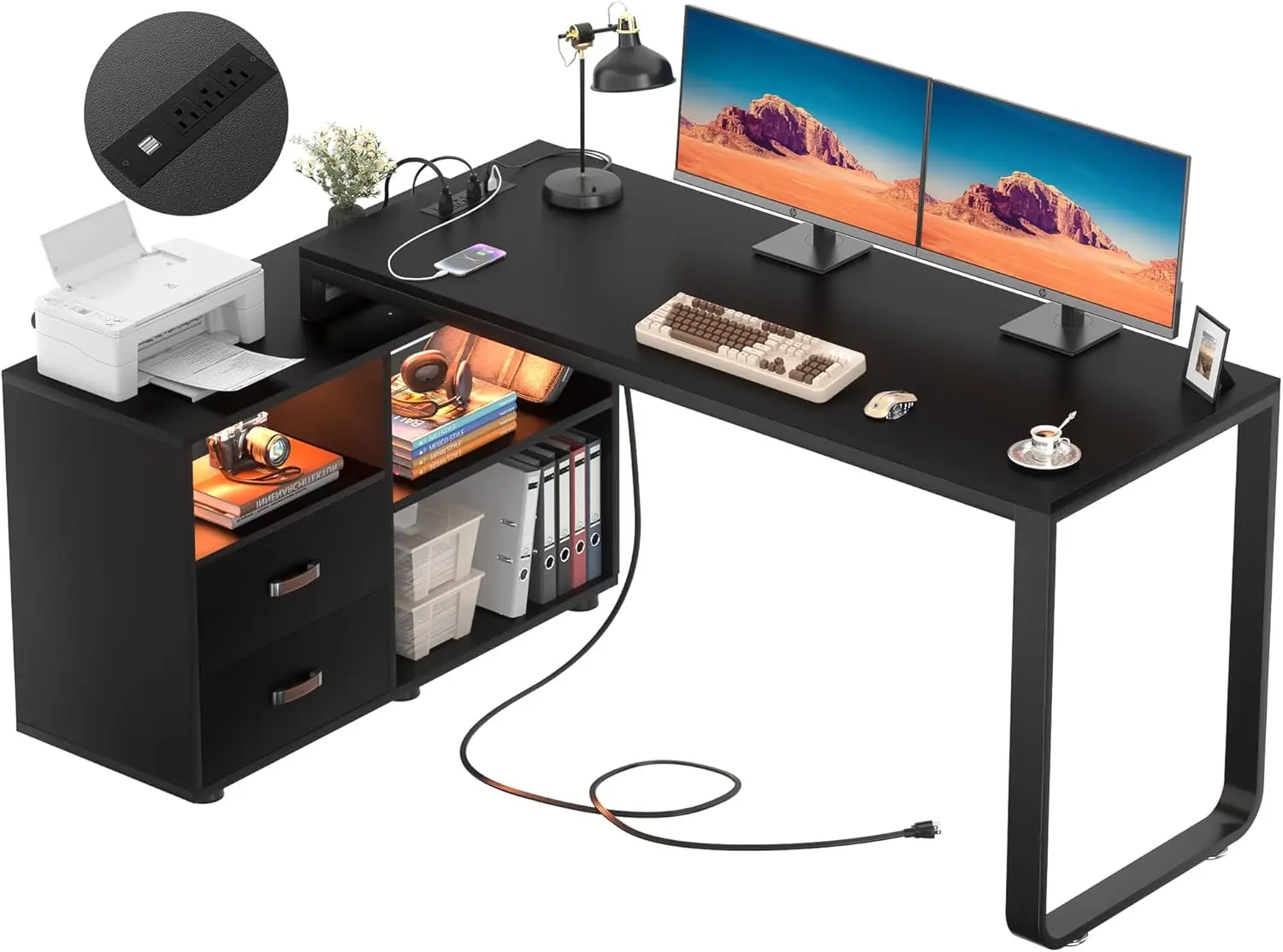 Homieasy L Shaped Desk with File Cabinet & Power Outlet, Reversible 55 Inch  Computer Desks with LED Strip,