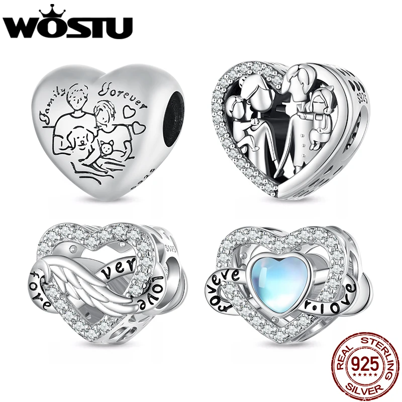 WOSTU 925 Sterling Silver Family Heart Charms Foverlove Moonstone Beads Fit Original Bracelet DIY Necklace Jewelry Making Gift