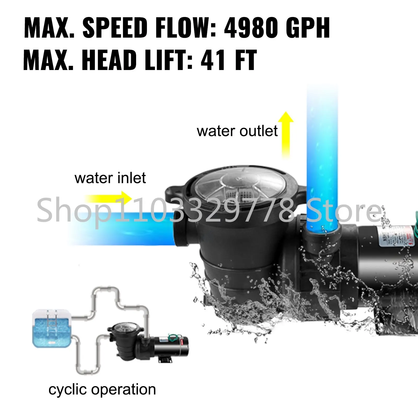 Bomba piscina de 1,5 HP y 750W, cesta coladora de flujo máximo para filtro de agua piscina limpia, 4980 GPH