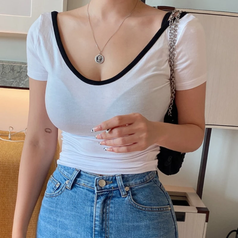 Korean Slim Fit Short Sleeve V-Neck T-Shirt Women's Sexy Versatile Color Blocking Tees 2026 Summer Backless Crop Top