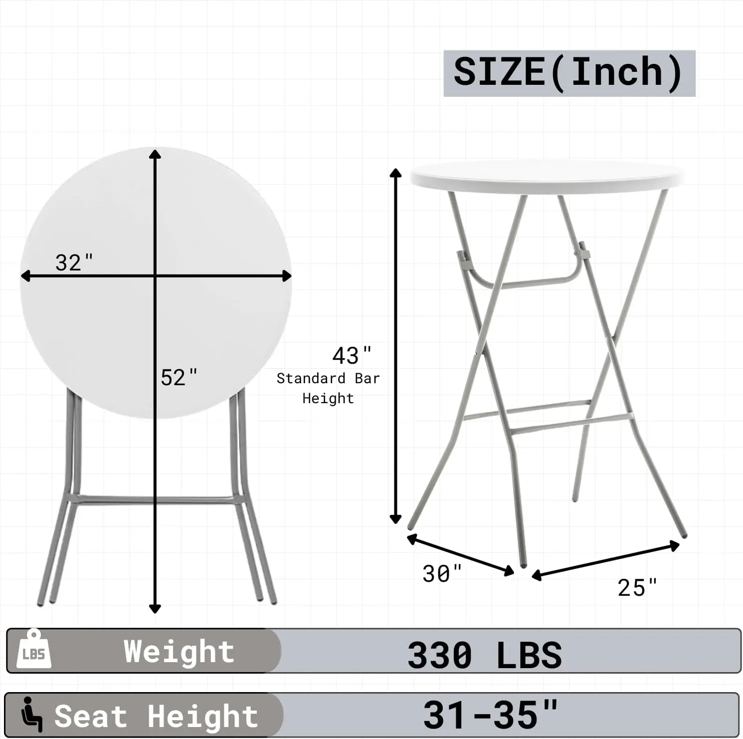 Set 5 White Round Bar Height Folding Table 330lb Weight Capacity Commercial Indoor Outdoor Portable Banquet Patio Backyard Dinin