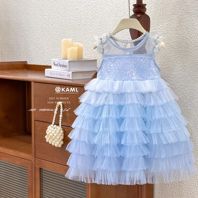 Girls Sequin Princess Dress 2025 New Summer Tutu Layered Tulle Sleeveless Dresses Children Birthday Party Elegant Dress Clothes