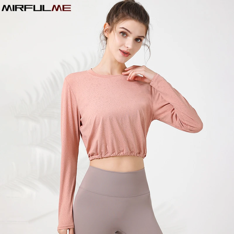 Frauen lose Yoga-Shirt lange Ärmel Sport T-Shirt Kordel zug laufen Sweatshirts aushöhlen Fitness studio Fitness Top Gabel Bluse weiblich