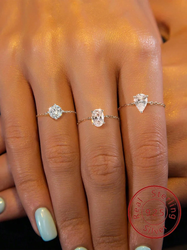 Verstellbarer Ring aus 925er-Sterlingsilber, rund, oval, Wassertropfenform, Zirkon-Kette, für Damen, Jahrestag, hochwertiger edler Schmuck – Detail 1